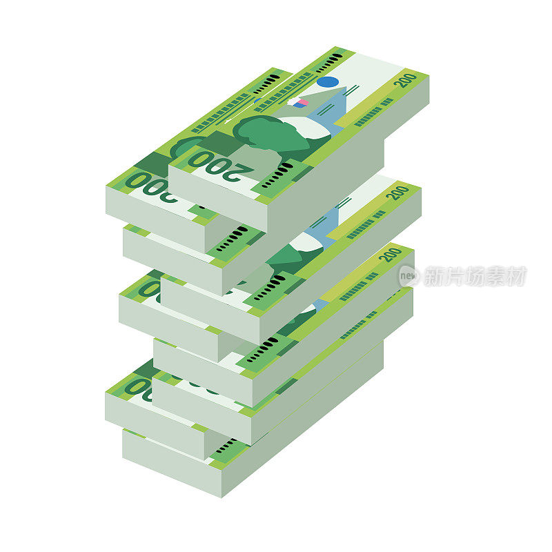 菲律宾比索矢量插图。菲律宾货币套装捆钞。纸币200 PHP。平的风格。孤立的白色背景。简约的设计。